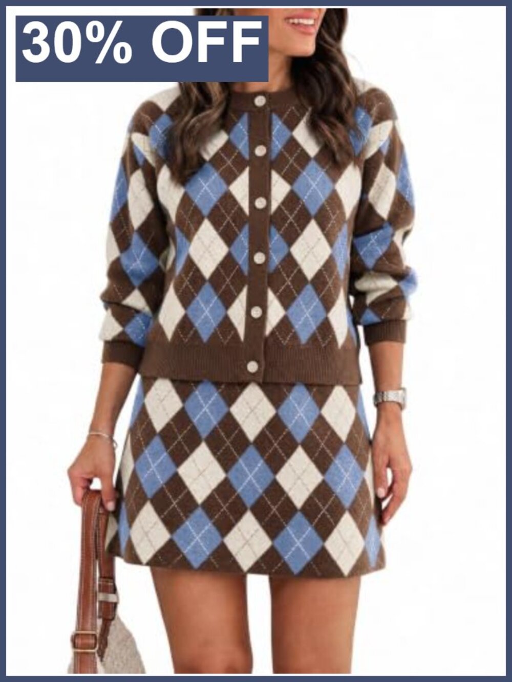 Womens 2 Piece Argyle Knit Sweater and Mini Skirt Set Lounge Outfit